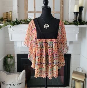 Lux Multicolor Heart Patterned Bohemian Blouse Made In The USA Size Large
